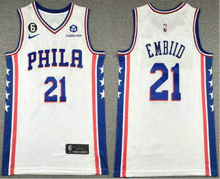 Men's Philadelphia 76ers #21 Joel Embiid White 6 Patch Icon Sponsor Swingman Jersey