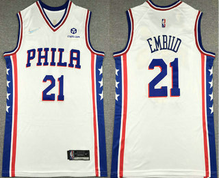 Men's Philadelphia 76ers #21 Joel Embiid White 75th Anniversary Diamond Nike 2021 Stitched Jersey With Sponsor