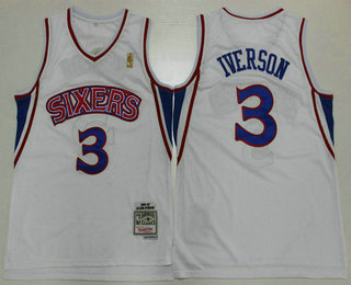 Men's Philadelphia 76ers #3 Allen Iverson 1996-97 White Gold NBA Hardwood Classics Soul Swingman Throwback Jersey