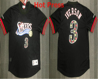 Men's Philadelphia 76ers #3 Allen Iverson Black Camo Short Sleeved Hot Press Swingman Throwback Jersey
