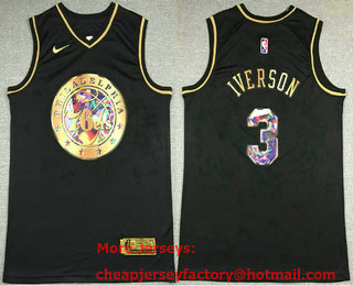Men's Philadelphia 76ers #3 Allen Iverson Black Golden Edition 75th Diamon Nike Swingman Stitched Jersey