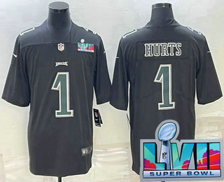 Men's Philadelphia Eagles #1 Jalen Hurts Black Super Bowl LVII Patch Vapor Untouchable Stitched Fashion Limited Jersey