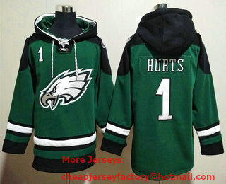 Men's Philadelphia Eagles #1 Jalen Hurts Green Ageless Must Have Lace Up Pullover Hoodie