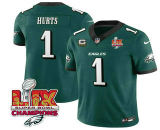 Men's Philadelphia Eagles #1 Jalen Hurts Green Limited Super Bowl LIX Champions FUSE Vapor Jersey