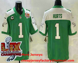 Men's Philadelphia Eagles #1 Jalen Hurts Green Limited Thanksgiving Super Bowl LIX Champions FUSE Vapor Jersey