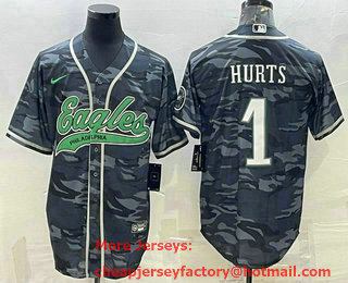 Men's Philadelphia Eagles #1 Jalen Hurts Grey Camo With Patch Cool Base Stitched Baseball Jersey