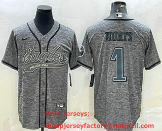 Men's Philadelphia Eagles #1 Jalen Hurts Grey Gridiron Team Big Logo Cool Base Stitched Baseball Jersey