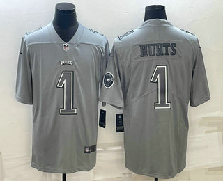 Men's Philadelphia Eagles #1 Jalen Hurts Grey With Patch Atmosphere Fashion Stitched Jersey