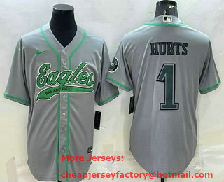 Men's Philadelphia Eagles #1 Jalen Hurts Grey With Patch Cool Base Stitched Baseball Jersey