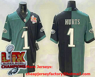 Men's Philadelphia Eagles #1 Jalen Hurts Limited Green Black Split Super Bowl LIX Champions Vapor Jersey