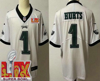 Men's Philadelphia Eagles #1 Jalen Hurts Limited White Super Bowl LIX Vapor Jersey