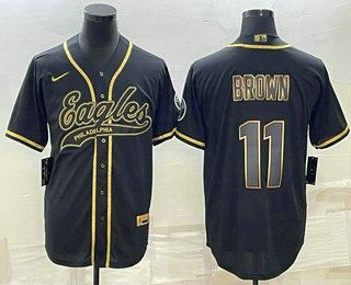 Men's Philadelphia Eagles #11 AJ Brown Black Gold With Patch Cool Base Stitched Baseball Jersey