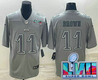 Men's Philadelphia Eagles #11 AJ Brown Gray Super Bowl LVII Patch Atmosphere Fashion Stitched Jersey