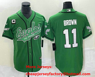 Men's Philadelphia Eagles #11 AJ Brown Green C Patch Cool Base Stitched Baseball Jersey