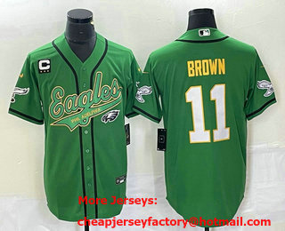 Men's Philadelphia Eagles #11 AJ Brown Green Gold C Patch Cool Base Stitched Baseball Jersey