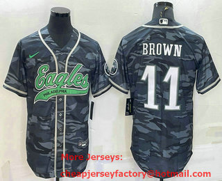 Men's Philadelphia Eagles #11 AJ Brown Grey Camo With Patch Cool Base Stitched Baseball Jersey