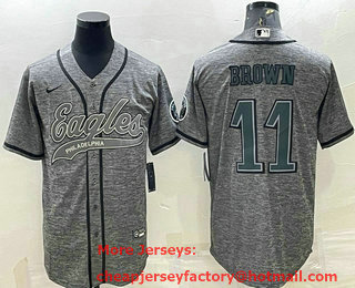 Men's Philadelphia Eagles #11 AJ Brown Grey Gridiron With Patch Cool Base Stitched Baseball Jersey