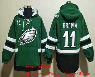 Men's Philadelphia Eagles #11 AJ Brown NEW Green Pocket Stitched NFL Pullover Hoodie
