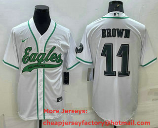 Men's Philadelphia Eagles #11 AJ Brown White With Patch Cool Base Stitched Baseball Jersey