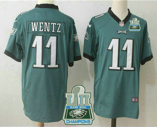 Men's Philadelphia Eagles #11 Carson Wentz Green 2018 Super Bowl LII Champions Patch Team Color Stitched NFL Nike Game Jersey
