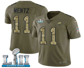 Men's Philadelphia Eagles #11 Carson Wentz Olive With Camo 2018 Super Bowl LII Patch Salute To Service Stitched NFL Nike Limited Jersey