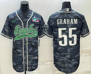 Men's Philadelphia Eagles #55 Brandon Graham Grey Camo With Super Bowl LVII Patch Cool Base Stitched Baseball Jersey