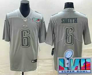 Men's Philadelphia Eagles #6 DeVonta Smith Gray Super Bowl LVII Patch Atmosphere Fashion Stitched Jersey