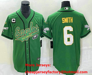 Men's Philadelphia Eagles #6 DeVonta Smith Green Gold C Patch Cool Base Stitched Baseball Jersey