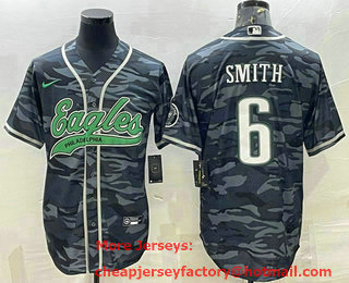Men's Philadelphia Eagles #6 DeVonta Smith Grey Camo With Patch Cool Base Stitched Baseball Jersey