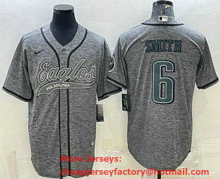 Men's Philadelphia Eagles #6 DeVonta Smith Grey Gridiron With Patch Cool Base Stitched Baseball Jersey