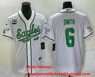 Men's Philadelphia Eagles #6 DeVonta Smith White C Patch Cool Base Stitched Baseball Jersey