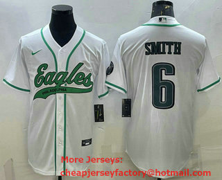 Men's Philadelphia Eagles #6 DeVonta Smith White With Patch Cool Base Stitched Baseball Jersey