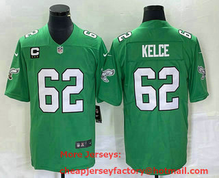 Men's Philadelphia Eagles #62 Jason Kelce Green C Patch 2023 Vapor Limited Throwback Jersey