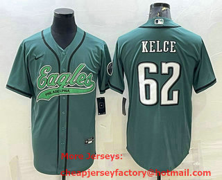 Men's Philadelphia Eagles #62 Jason Kelce Green With Patch Cool Base Stitched Baseball Jersey
