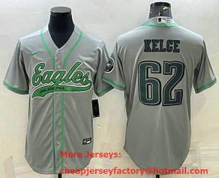 Men's Philadelphia Eagles #62 Jason Kelce Grey With Patch Cool Base Stitched Baseball Jersey