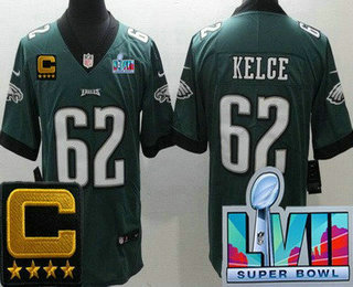 Men's Philadelphia Eagles #62 Jason Kelce Limited Green C Patch Super Bowl LVII Vapor Jersey