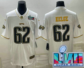 Men's Philadelphia Eagles #62 Jason Kelce White Golden Super Bowl LVII Patch Limited Stitched Jersey