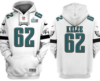 Men's Philadelphia Eagles #62 Jason Kelce White Super Bowl LVII Patch Pullover Hoodie 2