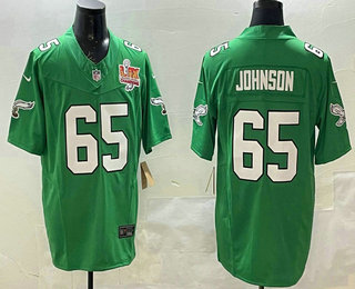 Men's Philadelphia Eagles #65 Lane Johnson Limited Kelly Green Super Bowl LIX Champions FUSE Vapor Jersey