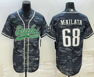 Men's Philadelphia Eagles #68 Jordan Mailata Grey Camo With Patch Cool Base Stitched Baseball Jersey