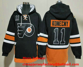 Men's Philadelphia Flyers #11 Travis Konecny Black Ageless Must Have Lace Up Pullover Hoodie