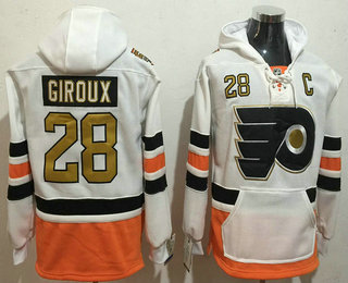 Men's Philadelphia Flyers #28 Claude Giroux White with Gold 50th Patch Stitched NHL Old Tim Hockey Hoodie