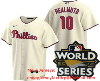 Men's Philadelphia Phillies #10 JT Realmuto Cream 2022 World Series Cool Base Jersey