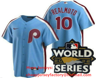 Men's Philadelphia Phillies #10 JT Realmuto Light Blue 2022 World Series Cool Base Jersey