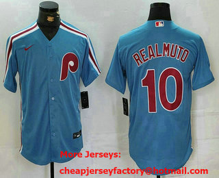 Men's Philadelphia Phillies #10 JT Realmuto Light Blue Cooperstown Cool Base Jersey