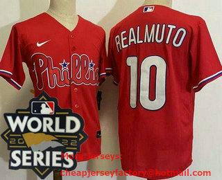 Men's Philadelphia Phillies #10 JT Realmuto Red 2022 World Series Cool Base Jersey