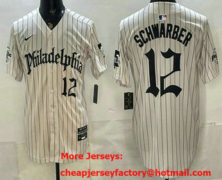 Men's Philadelphia Phillies #12 Kyle Schwarber Cream Pinstripe Gothic Vapor Limited Stitched Jersey