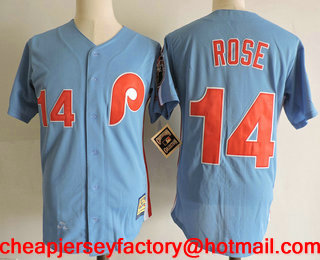 Men's Philadelphia Phillies #14 Pete Rose Lilght Blue Throwback 1980 World Series Champions Stitched MLB Mitchell & Ness Jersey