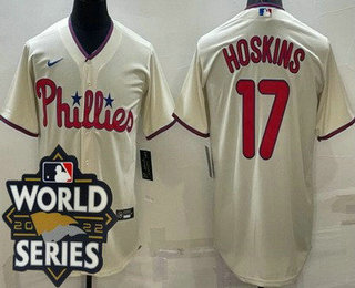 Men's Philadelphia Phillies #17 Rhys Hoskins Cream 2022 World Series Cool Base Jersey