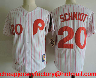 Men's Philadelphia Phillies #20 Mike Schmidt White Pinstripe Throwback 1980 World Series Champions Stitched MLB Mitchell & Ness Jersey